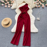 Women Satin Jumpsuit Summer Irregular V Collar Sleeveless Sexy Streetwear Strap dress Elegant Wide Leg Romper