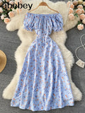Women Floral Dress bohemian A-Line slash neck short sleeves dress summer vintage beach off shoulder Polka Dot