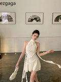 Elegant Dresses Women Sleeveless Halter Ribbon Bandage Flowers French Style Chic Ladies Sexy Mini Dress Female Backless-Outfit
