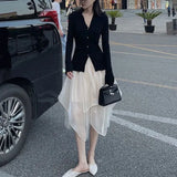 Fashion All-match Asymmetrical Mesh Skirt 2023 Summer New Elegant Office Lady Commute High Waist A-Line Voile Midi