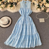 Sleeveless Tank Dress Women Summer 2022 Hollow Embroidery Solid Ladies Yellow Pink White Elegant