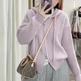 Version Of Solid Color Double Zipper Hooded Sweater Female Korean Early Autumn New Loose Style Soft Waxy Knitted Cardigan Jacket-Outfit