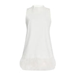 Toloer Sense Ostrich Hair Splicing Lady A-Line Dress 2024 Summer New Sleeveless Solid Color Dress-Outfit