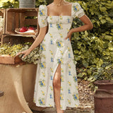 Toloer Women's New Floral Square Collar Sexy Slit Big Swing Autumn And Winter Dress