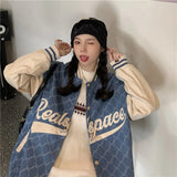 Women's Bomber Jacket Embroidery Printing Patchwork Plaid Baseball Uniform Ladies Fashion Loose Streetwear Tooling Couple