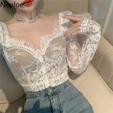 Temperament Crop Tops Vintage Hollow Out Lace Blouses Women Square Collar Puff Sleeve Shirts Korean Sexy Blusas De