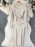 Hollow Out Sexy Knitted Dress Elegant Long Sleeve Slim Square Collar Fashion Ladies Party Bodycon Sweater Midi