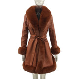 PU Leather Jackets Women Fashion Tie Belt Waist Coats Women Elegant Side Pockets Faux Fur Long Jackets Female