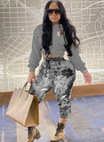 Winter Casual Long Sleeve Cropped Hoodies and Printed Sweatpants 2 Piece