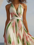 Women's Sleeveless V-Neck Digital Print Belt Dress