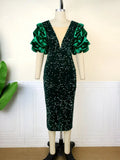 Sexy V-Neck Pile Sleeve Dress High-Waist V-Back Party Slit Dress Dresses