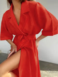 Elegant Lace Up Robe Dress Summer Wrap Long Dresses Women Casual Loose Half Sleeve Cotton Linen Office Blazers