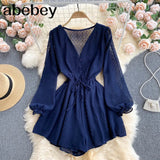 Women Dot Chiffon Rompers Long Sleeve V Neck Casual Loose Overalls Jumpsuits Summer Korean Wide Leg Beach