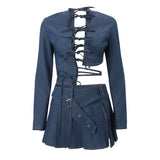 Toloer Women's Vintage Cardigan Long-Sleeved Top Street Denim Style Sexy Short Skirt Suit Girl-Outfit