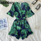 Women Rompers casual wide leg pants overalls short sleeve v neck solid playsuits summer beach chiffon ruffle