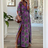 Toloer 2023 New Fashion V-Neck Short-Sleeved Loose Bohemian Side Slit Dress Print Dress-Outfit