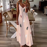 Toloer And Summer New Sleeveless Slim Feather Print Low Breast V Collar Sling Large Hem Skirt Women's Dress-Outfit