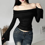 Toloer Summer Women's Solid Color Slim Fashion Temperament A Word Collar Sexy Back Long-Sleeved T-Shirt-Outfit