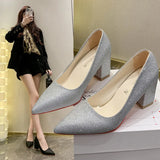 And Summer Korean Version Of Thick Heel Single Shoes Net Red Sexy Professional High Heels Gentle Style Dress 35-43