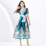 Court Dress Female Design Print Strap To The Waist Long French Bubble Sleeve Temperament Dress Dress
