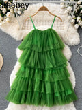 Women Retro Ruffles Pink/Green Strap Dress Mesh Spliced Wood ears Hem Cake Mini Party Dresses Robe Vestido