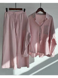 Linen Shirts Wide Leg Elastic Waist Pants Women Casual Sets Elegant Loose Long Sleeve Lapel 2023 Autumn Shirt Y2k Suit-Outfit