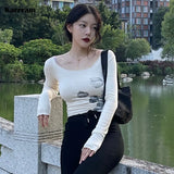 Korean Fashion Mesh Tops Grunge Flower Print T-shirt Women Sexy Slim Crop Top Gothic Streetwear Vintage Tshirts