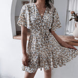 Leisure Short Sleeve V-Neck Crum Striped Lotus Leaf-Side Dress Women's