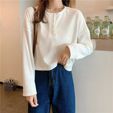 Sleeve T-shirts Women Elegant Simple Pure Button Design Retro Ins Autumn Ladies Tees Top All-match BF Style Mujer Clothes-Outfit
