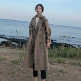 Korean Style Ladies Trench Coat Plaid Long Double Breasted Belted Oversize Loose Women Duster Coat Outerwear with Storm