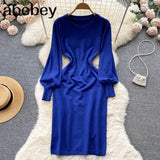 Women Autumn French Knitted Dress O Neck Long Sleeve Sheath Dress Office Lady Fashion Solid Mid Long Sweater