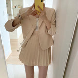 Women Two Piece Set Outfits Long Sleeve Coat and High Waist Pleated Mini Skirt Elegant Korean Style Casual 2 Piece