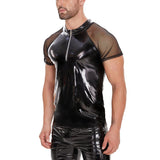 Toloer Men's PVC Bright Leather Jacket, Sexy Slim Short Sleeve Leather Jacket Size Accurate No Smell-Outfit