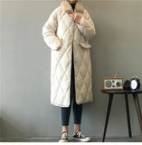 Fashion Argyle Fur Collar Long Parka Winter Down Jacket Women Single Breasted Casual Warm Oversize
