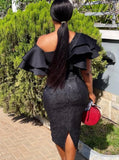 Winter Puff Sleeve One Shoulder Floral Long Bodycon