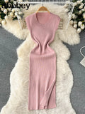 Spring Summer Dress Knitted Solid O Neck Sexy Bodycon Midi Dresses for Women Stretch Vestidos