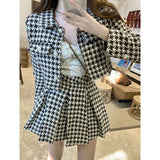 Fragrance Style Elegant Tweed 2 Piece Set Women Vintage Houndstooth Cropped Jacket + Pleated Mini Skirt Suits Sexy