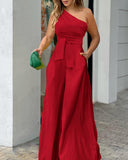 Toloer Women's 2023 Summer Diagonal Collar Irregular Off-Shoulder High-Waist Bag Wide Leg Pants Casual