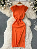 Women Korean Style Knitted Dress 2022 Summer O Neck Solid Short Sleeves Slim Ladies Sexy A Line Long