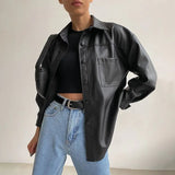 Women's Leather Jacket Autumn 2021 Thin Bomber Jacket Celmia Vintage Long Sleeve Coats Buttons Lapel Casual Solid Work