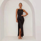 Spring And Summer Women's New Solid Color Sexy Bare Back Open Fork Long Skirt Sleeveless Sleeve-Less Dress Dress Dress