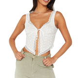 Women Y2K Fairy Low-Cut Sling Floral/Dot Lace-Trimmed Tie-Up Cardigan Short Tops Spaghetti Strap Sleeveless Cami Tops-Outfit
