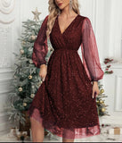 Toloer New V-Collar Elegant Slim Solid Color Stitching Mesh Perspective Sprinkling Powder Dress Female-Outfit