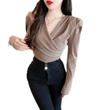 Toloer Autumn Dress New Vintage Pleated Cross V-Neck Chic Top Feeling Shoulder Padded Bubble Sleeve Long Sleeve T-Shirt Women-Outfit