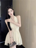 Sweet Elegant Mini Dresses Women Sleeveless Off Shoulder V Neck Slim Patchwork Backless Sexy Mini Dress Ladies Party-Outfit