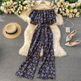 Women Jumpsuit Rompers Summer Casual Floral Print Off Shoulder Ruffles Lace-up Sashes Wide Leg Holidays Loose