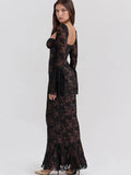 Lace Square Neck Long Flare Sleeve Maxi Dress-Outfit