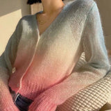 Deeptown Rainbow Knitted Cardigan Women Autumn Winter Sweet Kawaii Sweater Coat Female Korean Long Sleeve Button Up
