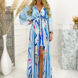 Autumn New Wish Sexy V-Tie Single-Breasted Floral Beach Dress-Outfit
