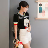 Women Tops Jacquard Lovely Girl Letters Short Sleeve Pullover 2022 Summer Female Knitted Striped O-Neck Sweater Jumper